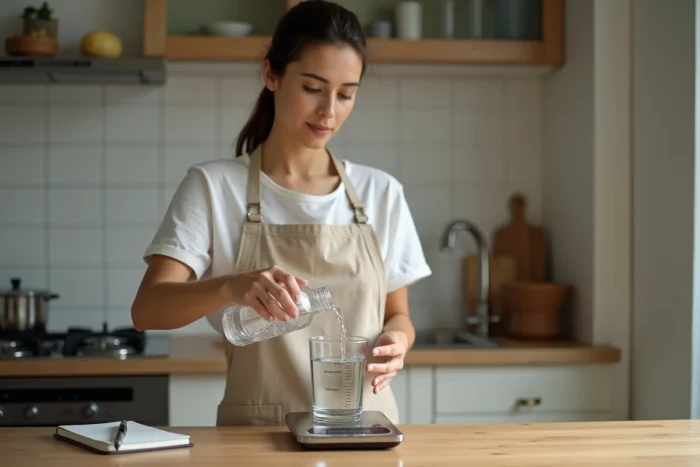 Femme versant de l'eau dans un verre doseur posé sur une balance numérique pour convertir les litres en kilogrammes