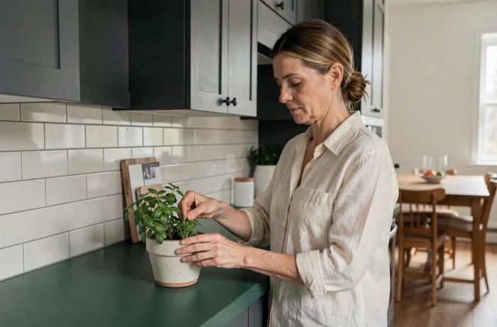 Femme dans une cuisine vert forêt profond aux armoires anthracite arrangeant des herbes fraîches, décoration tendance 2025