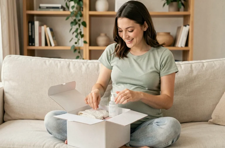Jeune femme enceinte découvrant le contenu d'une box naissance gratuite sur son canapé