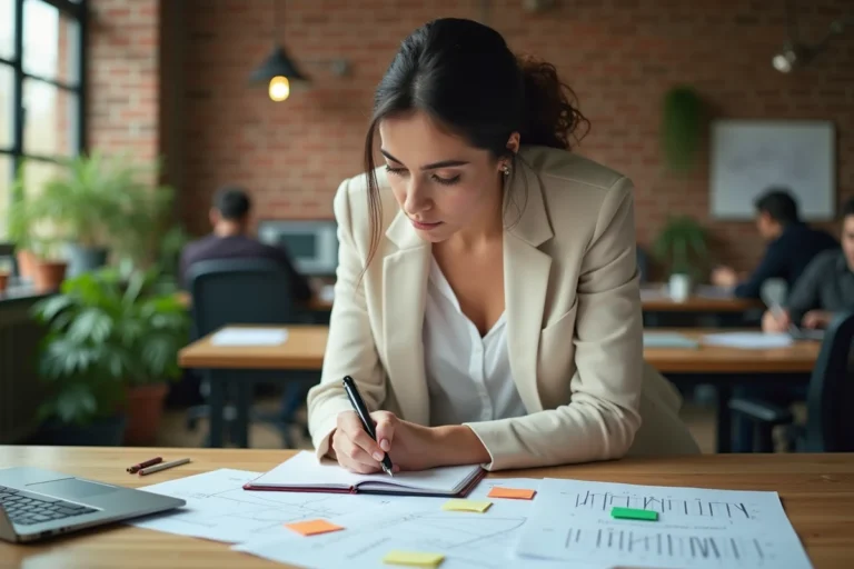Femme entrepreneur en train de rédiger son plan d'affaires dans un espace de coworking moderne