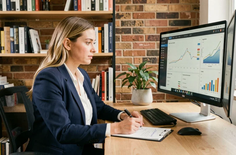 Femme entrepreneurse analysant des tableaux de bord en ligne depuis son bureau à domicile pour développer son business en ligne
