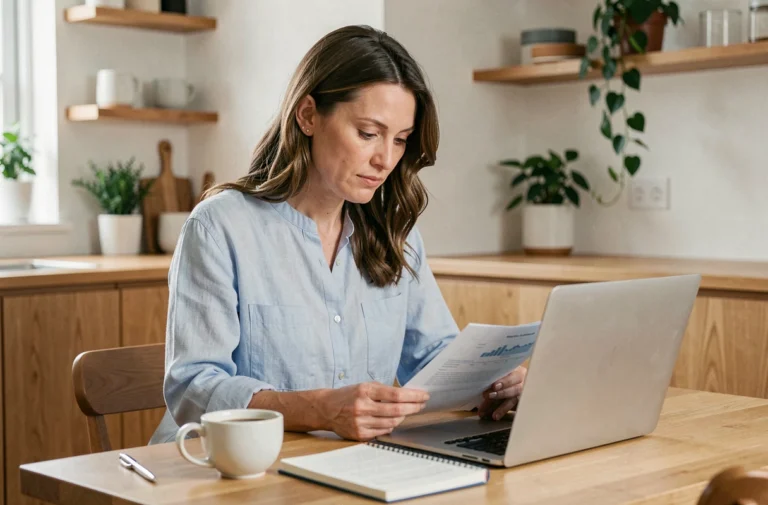 Femme consultant ses finances personnelles sur ordinateur portable à une table en bois dans une cuisine moderne
