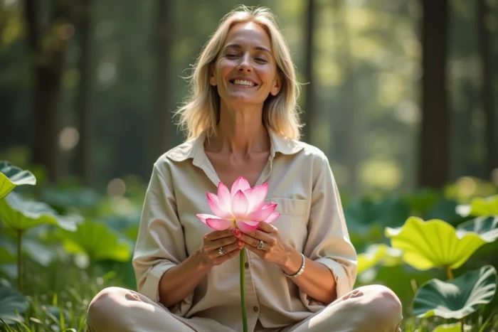 Femme tenant une fleur de lotus en méditation dans un jardin botanique, symbole de résilience personnelle