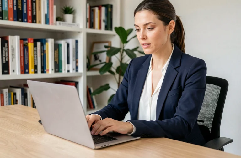Femme professionnelle en train de suivre une formation en ligne sur son ordinateur portable dans un bureau à domicile bien organisé