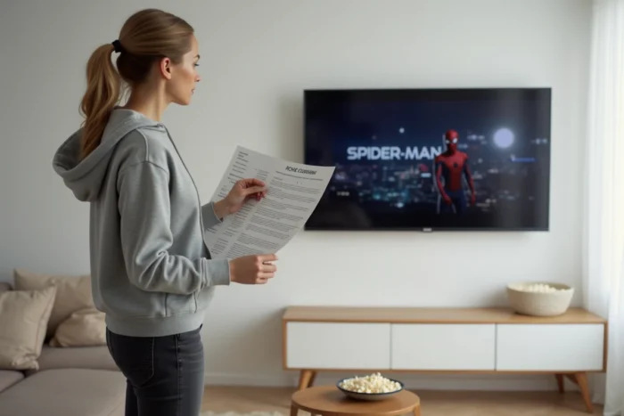Femme tenant un guide chronologique des films Spider-Man Tom Holland devant sa télévision dans un salon moderne