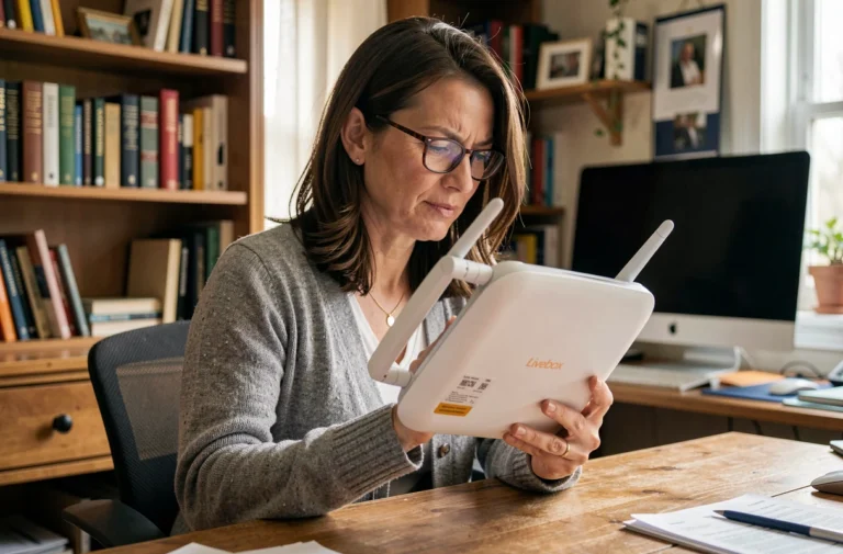 Femme consultant le label sous une Livebox Orange pour trouver le mot de passe WiFi