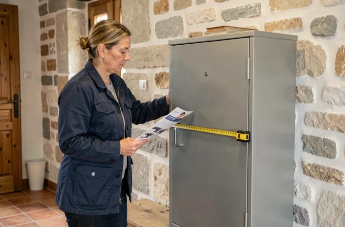 Femme mesurant une armoire à fusil dans une pièce utilitaire de maison pour vérifier les dimensions avant achat