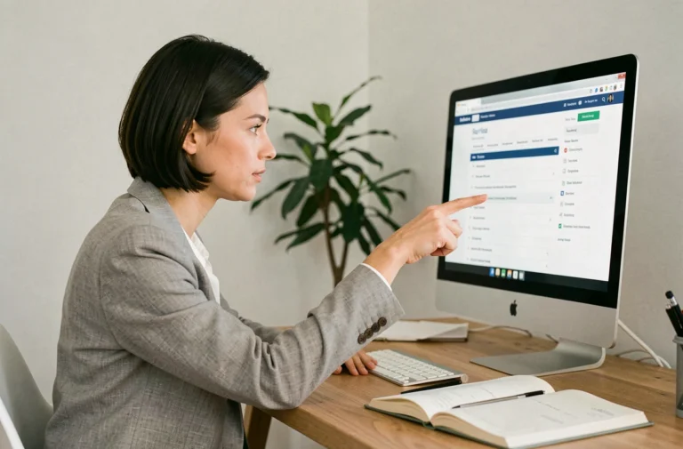 Femme naviguant sur un plan de site web depuis son bureau à domicile, pointant l'écran d'un ordinateur