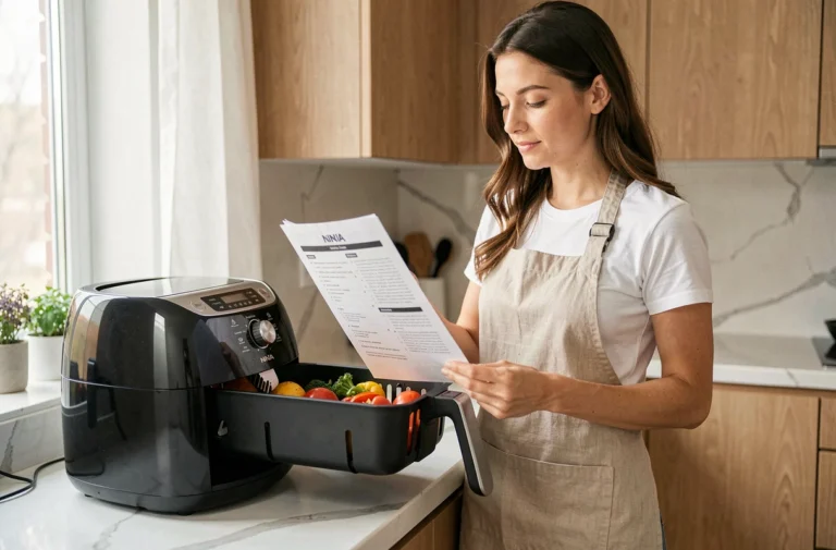 Femme consultant une recette imprimée tout en préparant des légumes dans une friteuse à air Ninja sur un plan de travail en marbre blanc