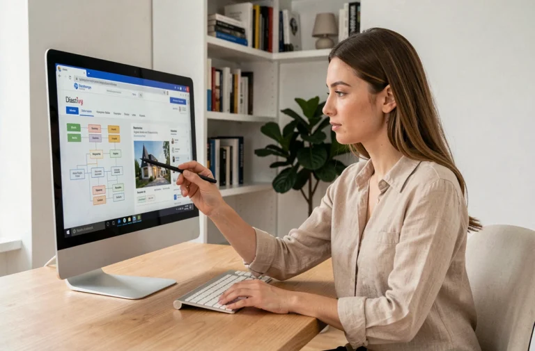 Femme utilisant le plan du site Immolink sur un ordinateur de bureau pour sa recherche immobilière