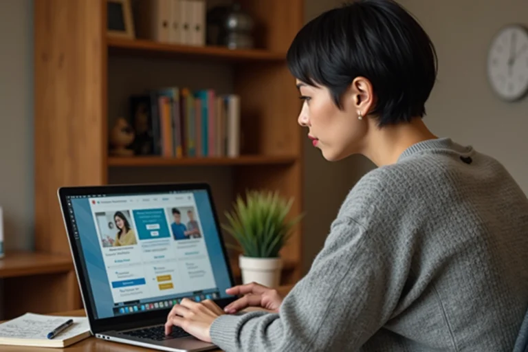 Femme en reconversion professionnelle suivant une formation en ligne sur sa plateforme numérique depuis son bureau à domicile