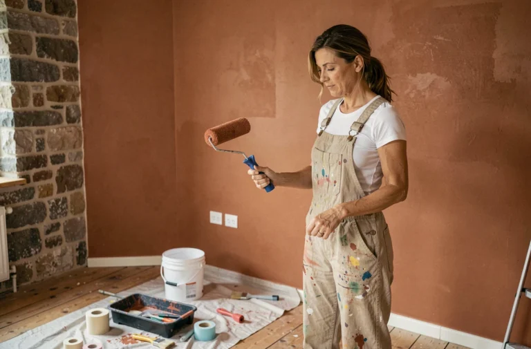 Femme en salopette en lin appliquant une peinture terracotta sur un mur dans une pièce en cours de rénovation
