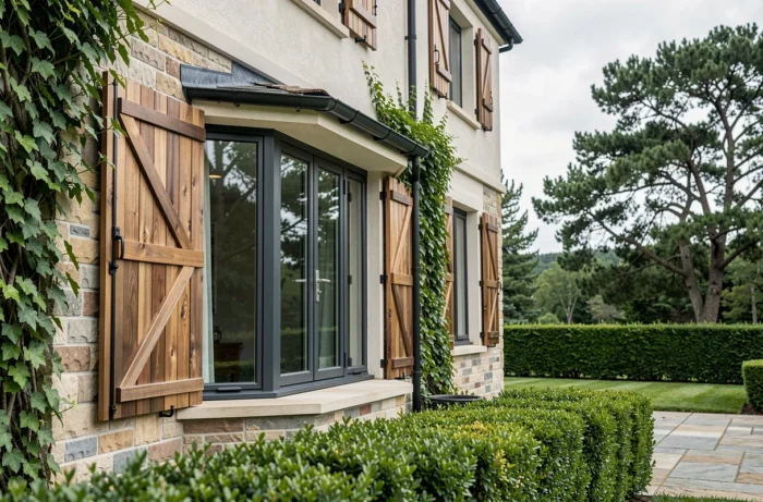 Façade de maison avec volets en bois et fenêtres sur mesure en aluminium pour menuiserie extérieure