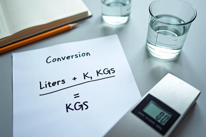 Vue de dessus d'une fiche de conversion litre en kilogramme posée à côté d'un bécher d'eau et d'une balance électronique précise