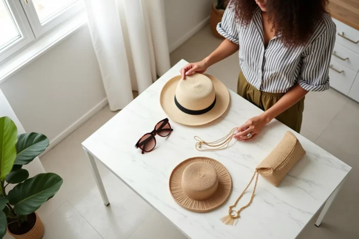 Femme arrangeant un flat lay d'accessoires tendance de saison sur marbre blanc dans un intérieur lumineux