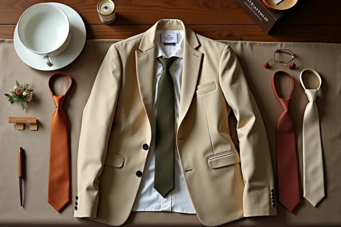 Flat lay d'un costume beige avec trois cravates assorties en soie terracotta, tricot olive et ivoire sur une table en chêne
