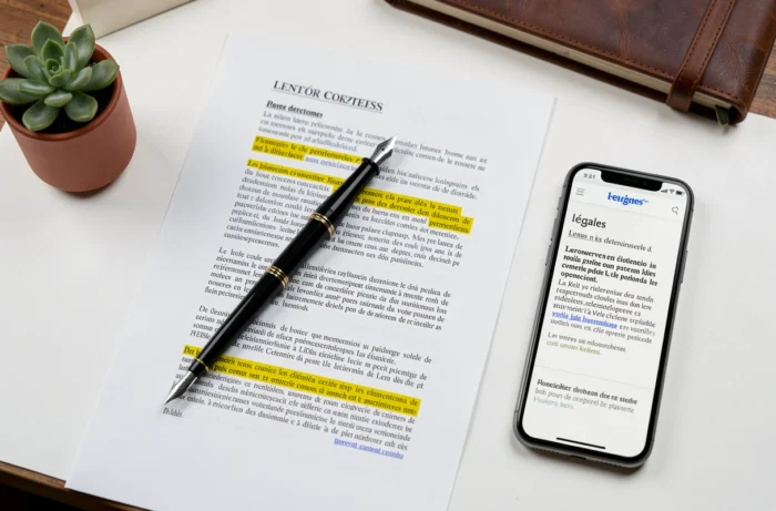 Vue aérienne d'un document juridique français imprimé, d'un stylo plume et d'un smartphone affichant les mentions légales d'un site web