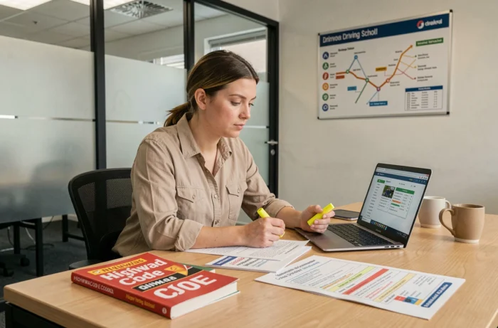 Candidate au métier de monitrice d'auto-école révisant le code de la route et les supports de formation dans un bureau d'école de conduite