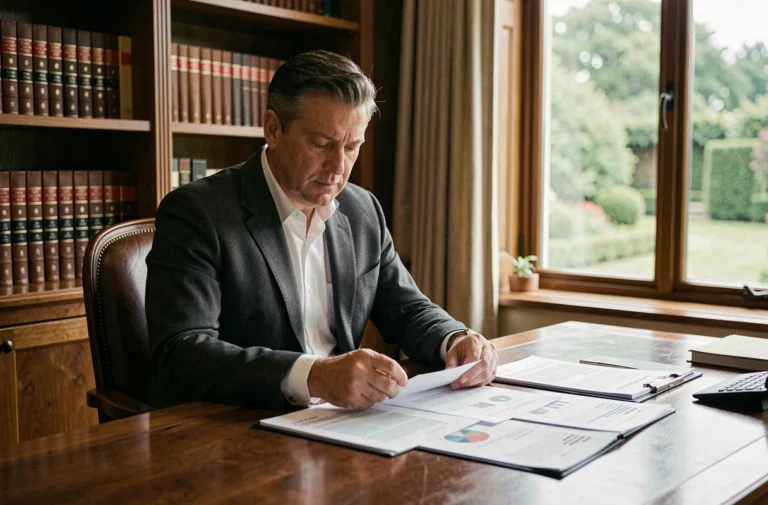 Homme d'affaires élégant examinant des documents financiers dans un bureau luxueux, évoquant la fortune et le patrimoine d'Emmanuel de Villiers