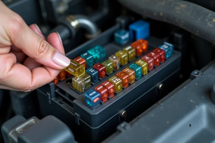 Gros plan sur un boîtier à fusibles de voiture avec un fusible de verrouillage centralisé prêt à être remplacé