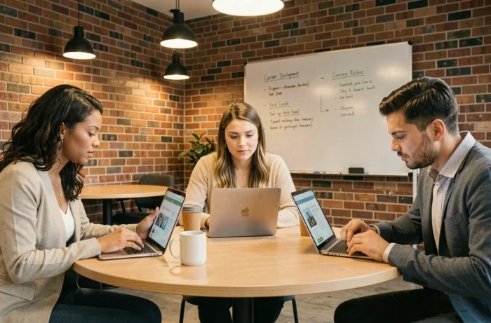 Groupe de professionnels collaborant autour de tablettes et ordinateurs portables pour suivre des formations en ligne en entreprise