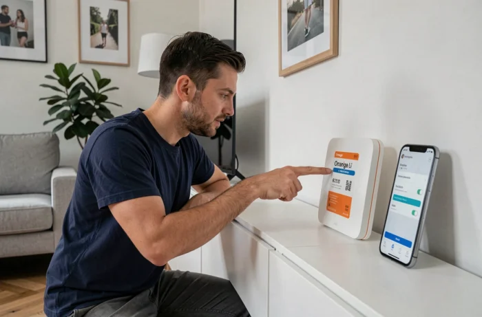 Homme trouvant le mot de passe WiFi Livebox Orange sur l'étiquette à l'arrière du routeur
