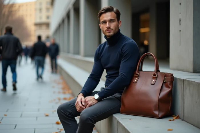 Homme stylé avec sac en cuir structuré et montre minimaliste dans un cadre urbain en automne