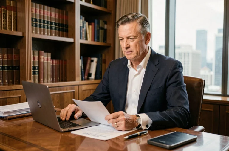 Homme d'affaires distingué dans la cinquantaine assis à un bureau en acajou avec des documents financiers dans un bureau exécutif élégant