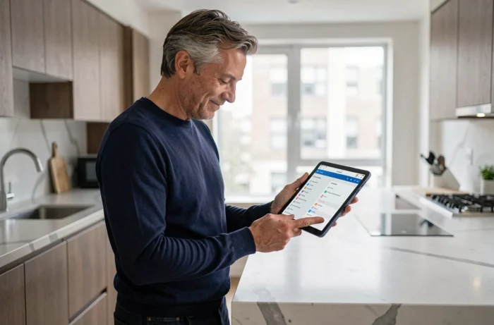 Homme consultant un plan de navigation de site web sur une tablette dans une cuisine moderne