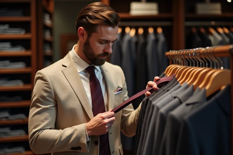 Homme en costume beige choisissant une cravate en soie dans une boutique de mode masculine élégante