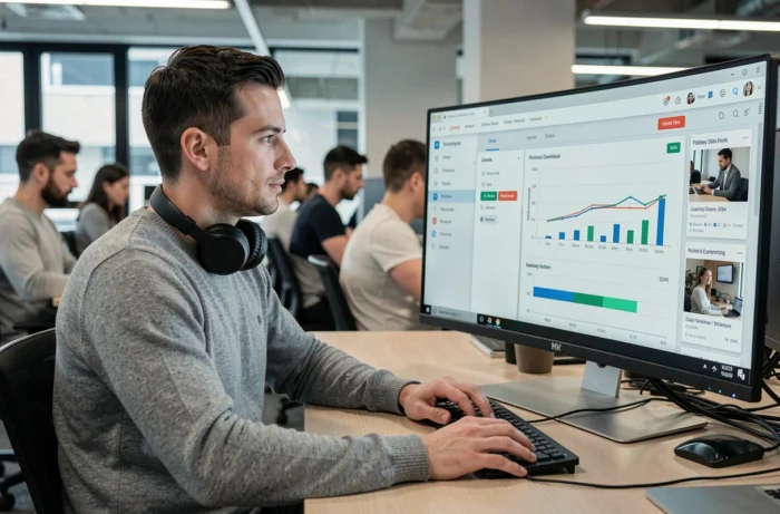 Jeune homme professionnel consultant une plateforme de formation en ligne dans un espace de coworking moderne