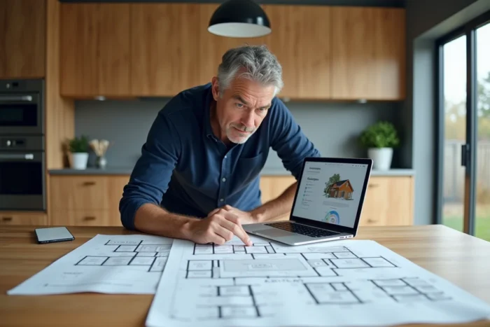Homme consultant un logiciel gratuit de conception de plan de maison sur ordinateur portable avec des blueprints imprimés