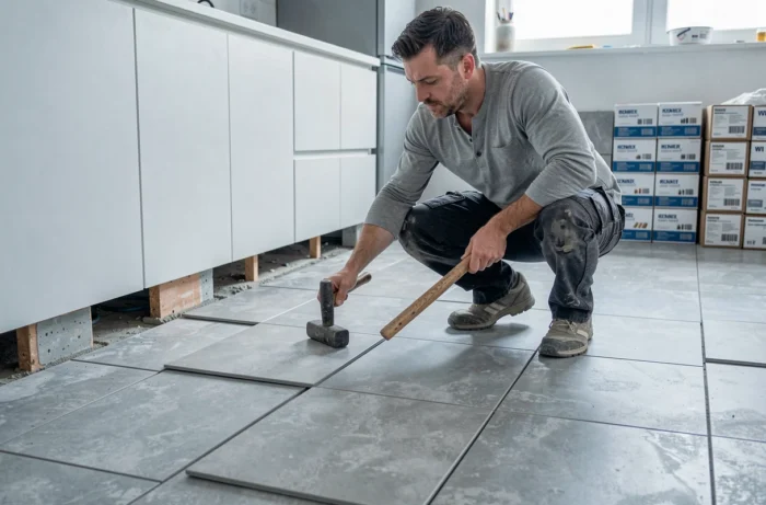 Homme posant des carreaux en grès cérame effet béton sur le sol d'une cuisine en rénovation