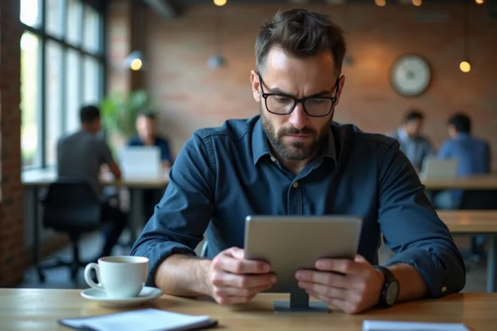 Homme adulte en transition de carrière utilisant une tablette dans un espace de coworking moderne pour suivre une formation professionnelle en ligne