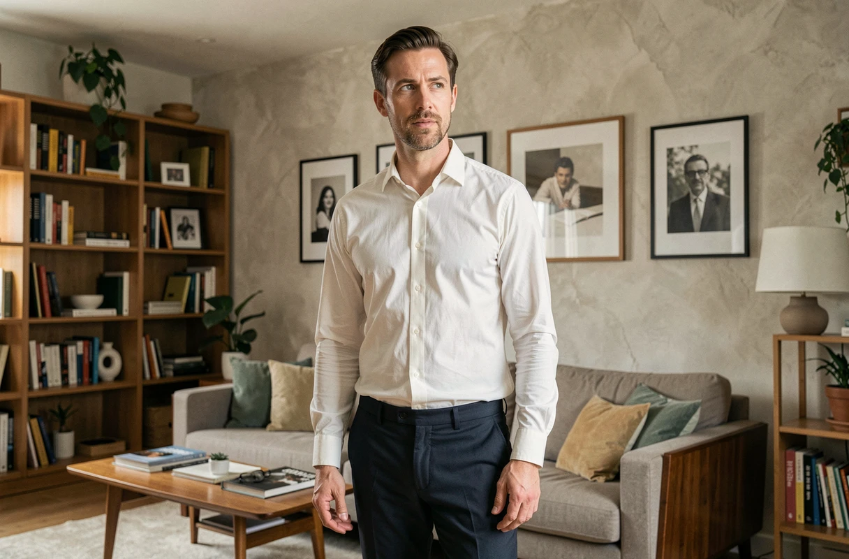 Homme élégant dans un salon moderne décoré avec goût, illustrant une vie privée raffinée et intime