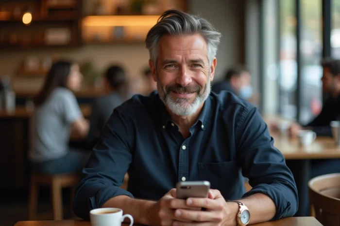 Homme consultant un site de rencontre libertin sur son smartphone dans un café parisien