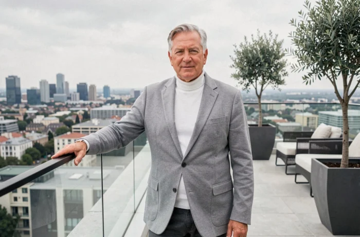 Homme mature en blazer gris sur la terrasse d'un penthouse luxueux avec vue panoramique sur la ville illustrant la réussite financière