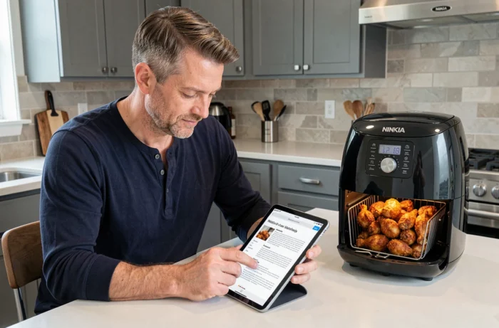 Homme consultant une recette PDF sur tablette à côté d'une friteuse Ninja contenant des ailes de poulet dorées dans une cuisine moderne