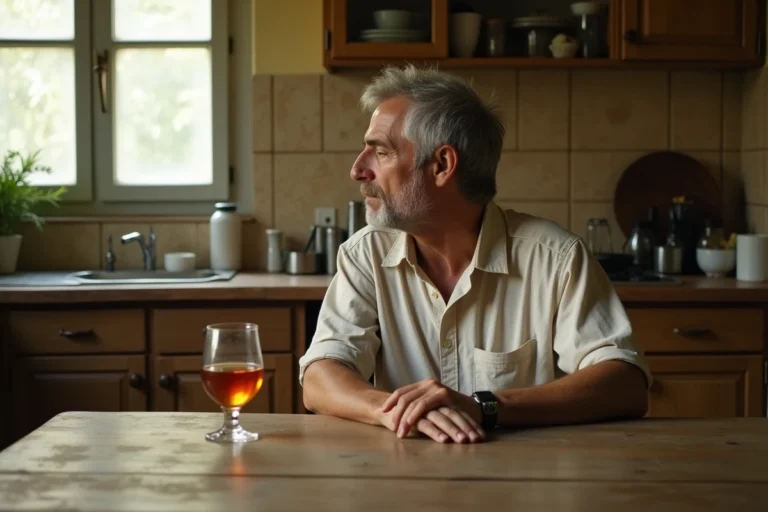Homme attablé seul avec un verre de pastis, illustrant les risques de la consommation régulière de Ricard sur la santé