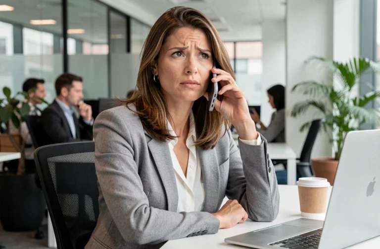 Femme en blazer gris tenant un smartphone avec une expression interrogative, tentant d'identifier un numéro de téléphone inconnu commençant par +33 806 dans un bureau moderne
