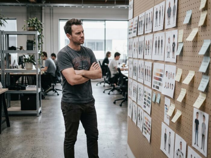 Illustrateur freelance analysant ses planches de design de personnages épinglées dans un espace de coworking créatif