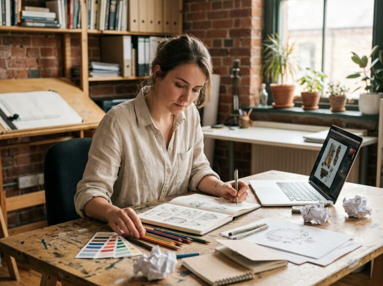 Illustratrice freelance travaillant à son bureau de home studio entouré de carnets de croquis et d'outils créatifs