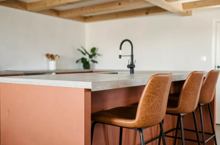 Îlot de cuisine couleur terracotta avec tabourets en cuir cognac dans une cuisine scandinave tendance 2025