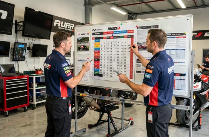Ingénieurs MotoGP consultant le calendrier des courses 2024 dans un garage de paddock professionnel