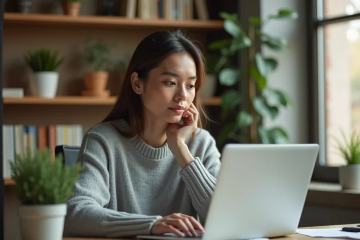 Femme réfléchissant à son inscription sur un site de rencontre libertin depuis son bureau à domicile
