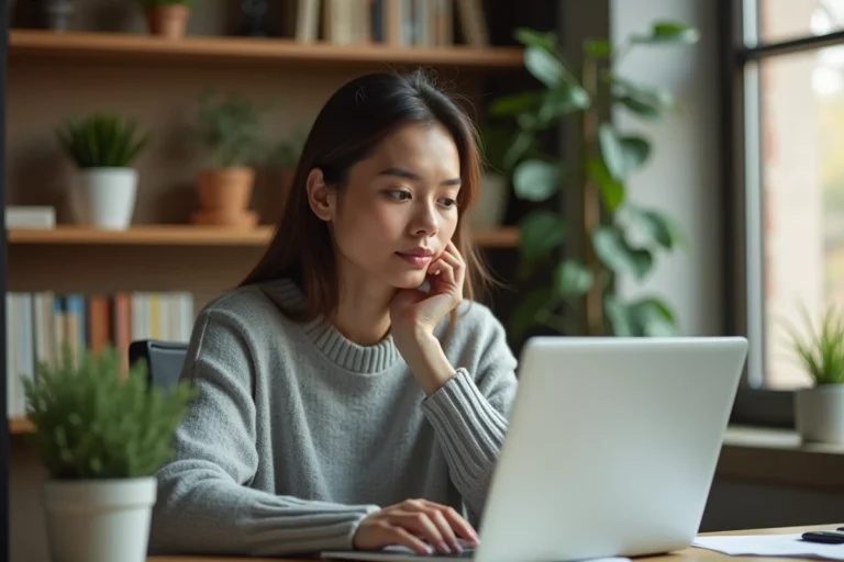 Femme réfléchissant à son inscription sur un site de rencontre libertin depuis son bureau à domicile