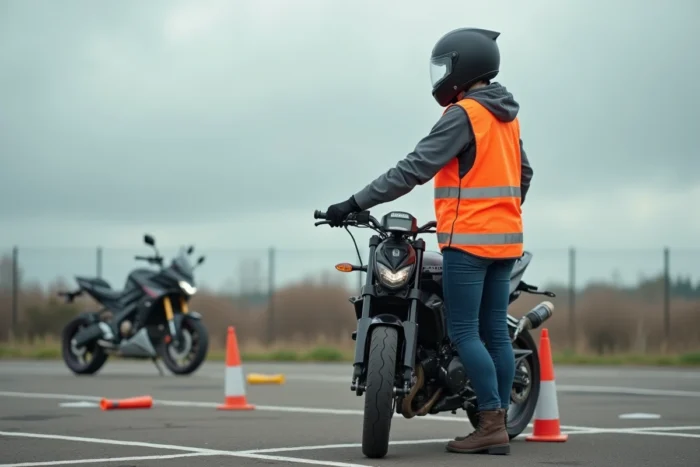 Instructrice moto expliquant l'utilisation obligatoire du clignotant lors d'une formation sur circuit