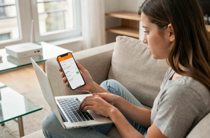 Adolescente accédant à l'interface admin de la Livebox Orange pour récupérer le mot de passe WiFi
