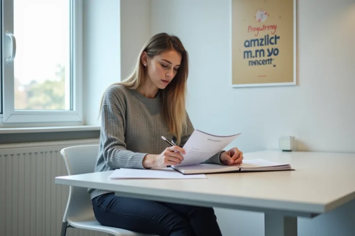 Jeune femme lisant un document Solerys lors d'un premier rendez-vous à Pôle emploi