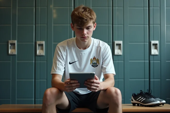 Jeune footballeur utilisant une tablette dans un vestiaire pour récupérer son compte Footclub FFF